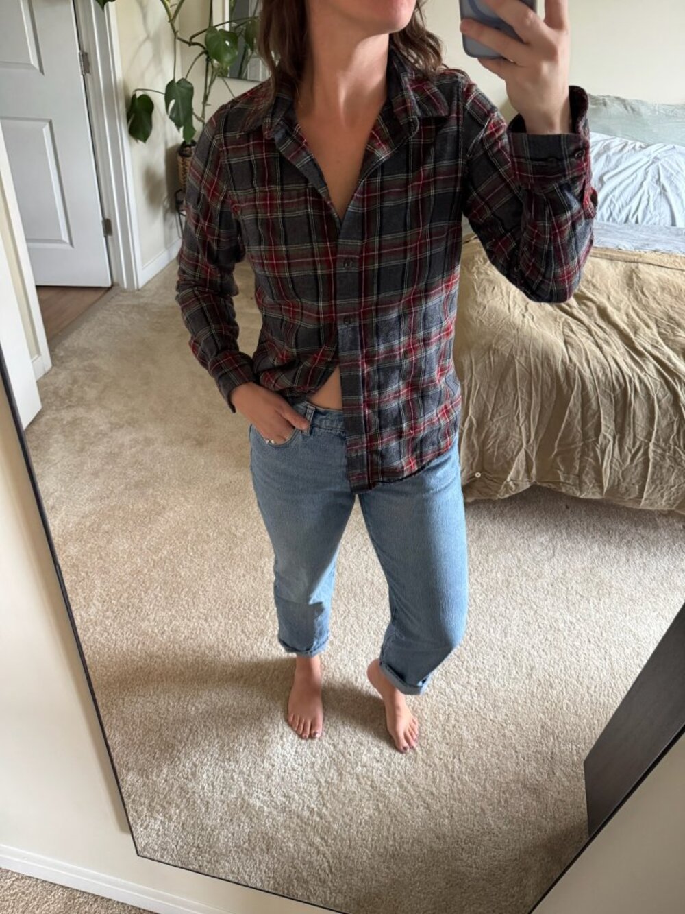 Vintage L.L. Bean Red and Gray Plaid Slightly Fitted Flannel Size Small